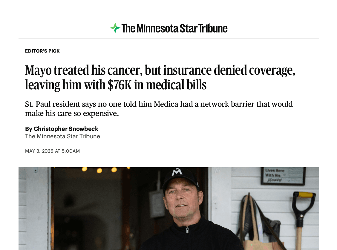 Mayo Treated His Cancer, but Insurance Denied Coverage, Leaving Him with $76K in Medical Bills