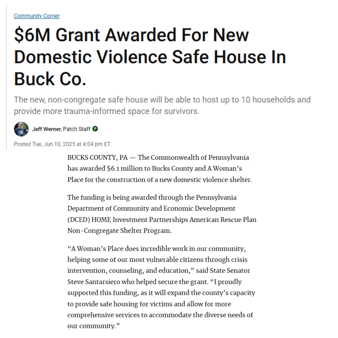 The County awards A Woman's Place funds to build a new safe-house.