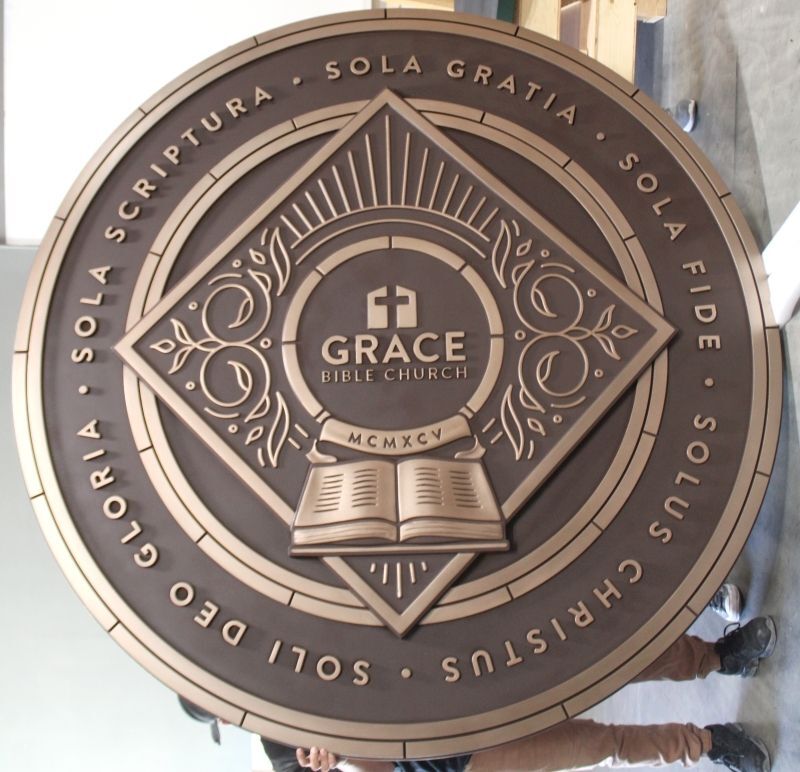 UP-1138 - Carved Plaque of Grace Bible Church Bronze-Finish Wall Plaque with Five Solas