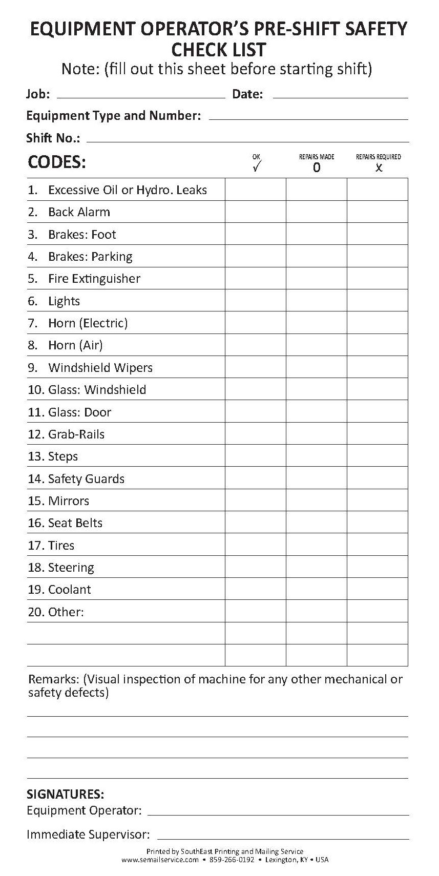 Equipment Operator's Pre-Shift Safety Checklist