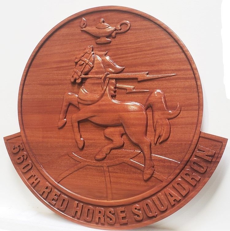 LP-7104 - Carved 3-D Bas-Relief Mahogany Plaque of the Crest of the 560th Red Horse Squadron