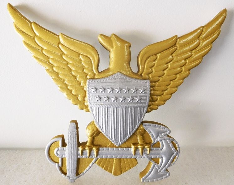 JP-1440 - Carved Plaque of a Navy Emblem, Eagle with Anchor,  Painted Metallic Gold & Silver