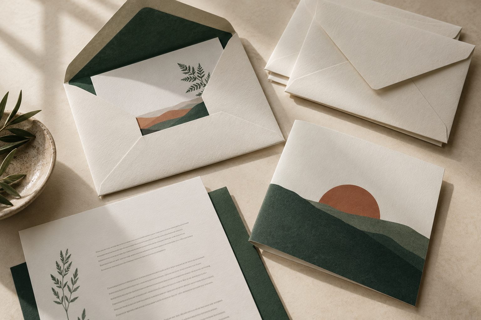 Illustrative folded letter and envelope detail mockup