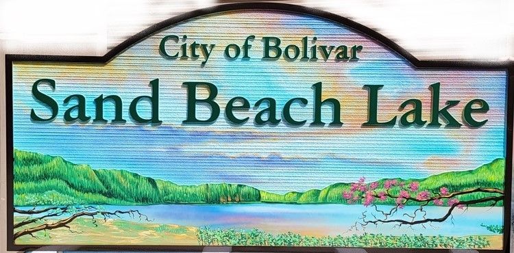 M22347 -  Carved 2.5-D and Sandblasted  Wood Grain HDU Entrance Sign for Sand Beach Lake, a Park for the City of Bolivar