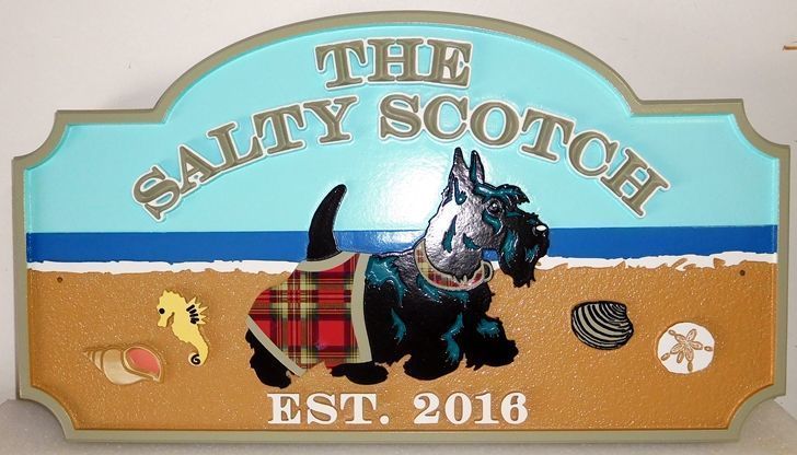M22940 - Carved 2.5-D HDU Sign Featuring a Scottish Terrier on a Beach