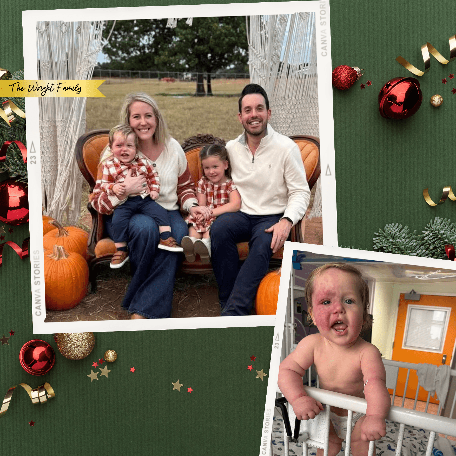 Family of four sitting in a pumpkin patch