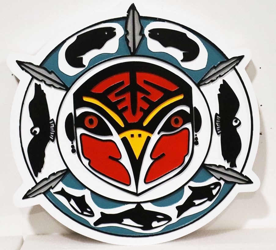 ZP-1022 - Carved 2.5-D Multi-Level HDU Plaque of the Seal / Emblem of a  Native American Alaskan Tribe