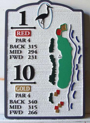 E14416 - Carved HDU Tee Sign with Hole Layout, for Stewart Peninsula Golf Course
