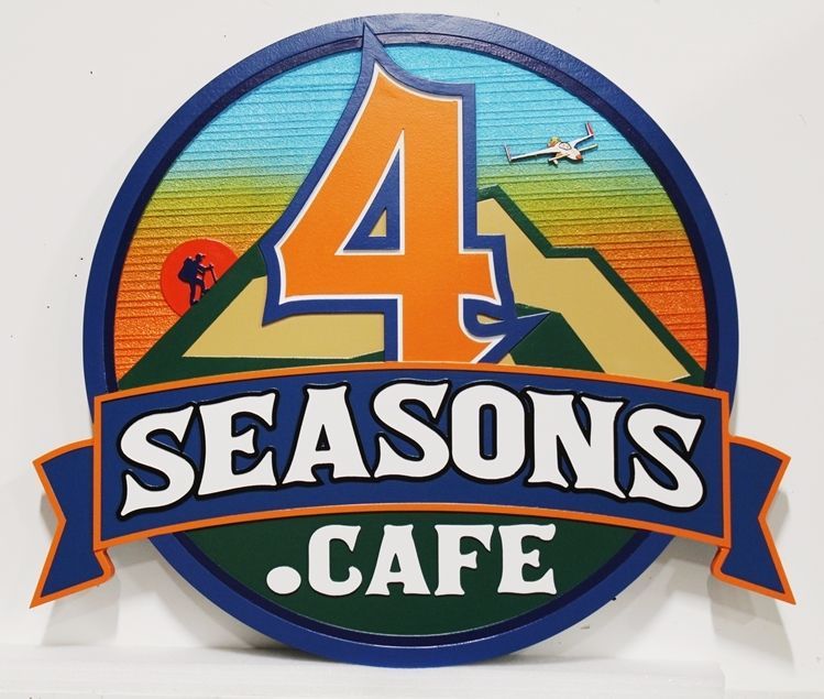Q25554 - Carved 2.5-D and Sandblasted Wood Grain  Sign for the "Four Seasons Cafe"