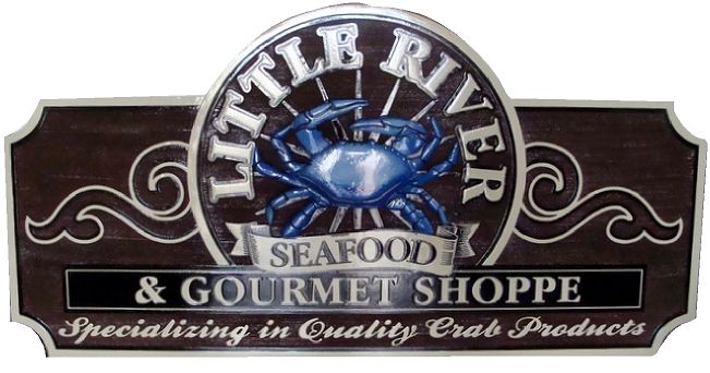 Q25108 - Carved Raised Sign for Seafood Restaurant and Gourmet Shoppe with "Quality Crab Products," and 3-D Carved Crab