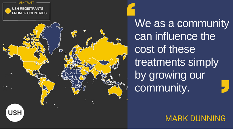 Image of USH Trust map showing 52 countries with registrants in gold. Image text: "We as a community can influence the cost of these treatments simply by growing our community." - Mark Dunning