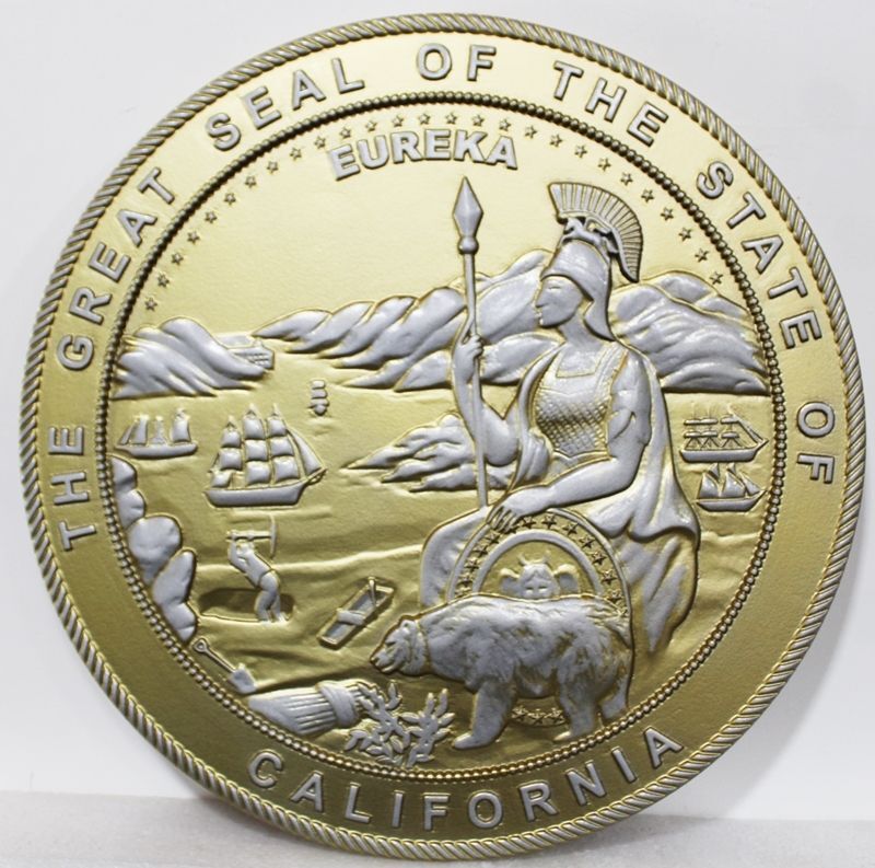 BP-1047- Carved 3-D HDU Plaque of the Seal of the State of California, Metallic Silver PaInted with Hand-Rubbed Metallic Brass Paint