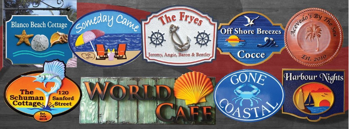 Carved Wooden Seashore Beach And Nautical Signs And Plaques