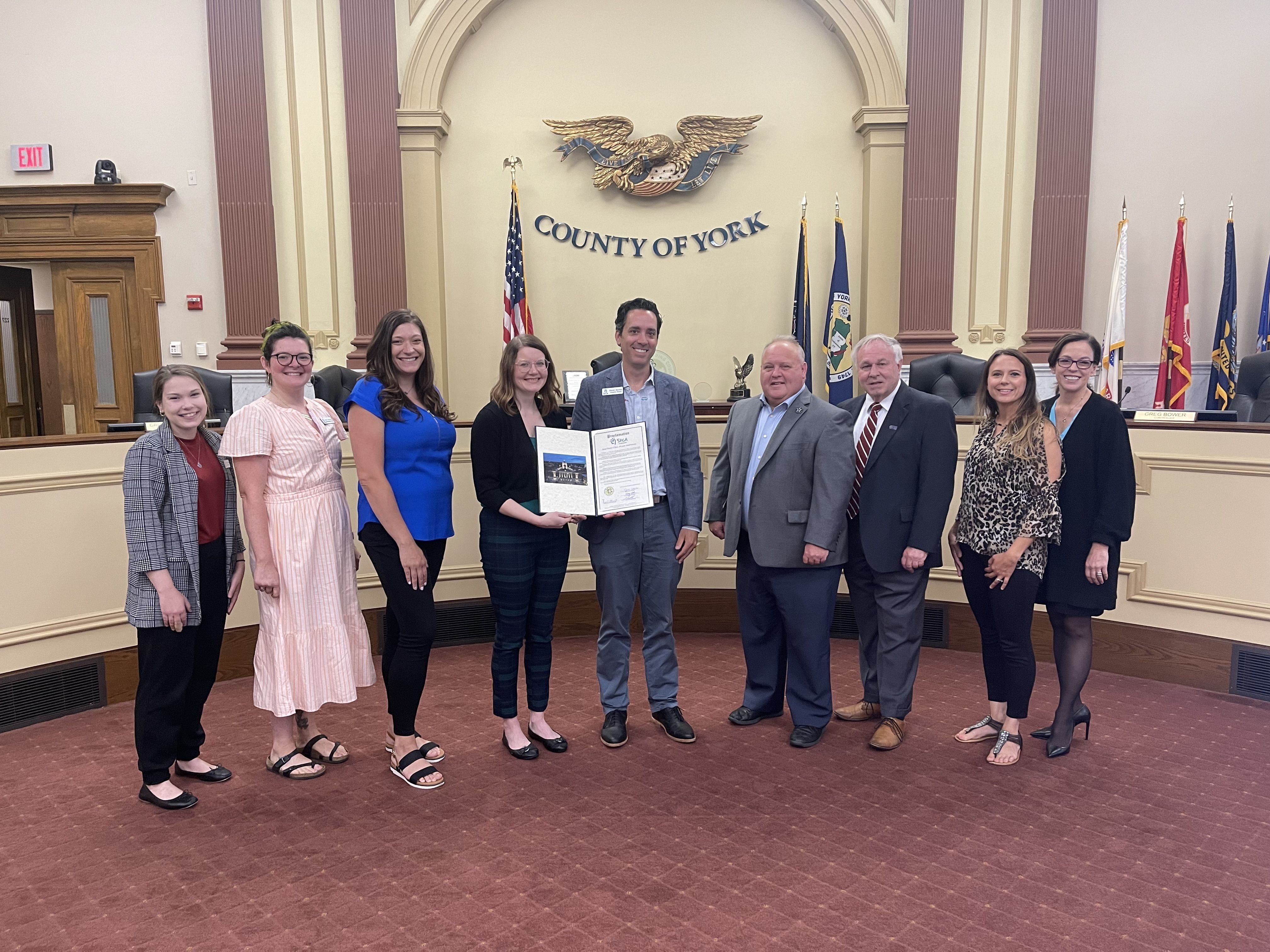 Photo of SPCA leadership receiving proclamation from York County Commissioners 