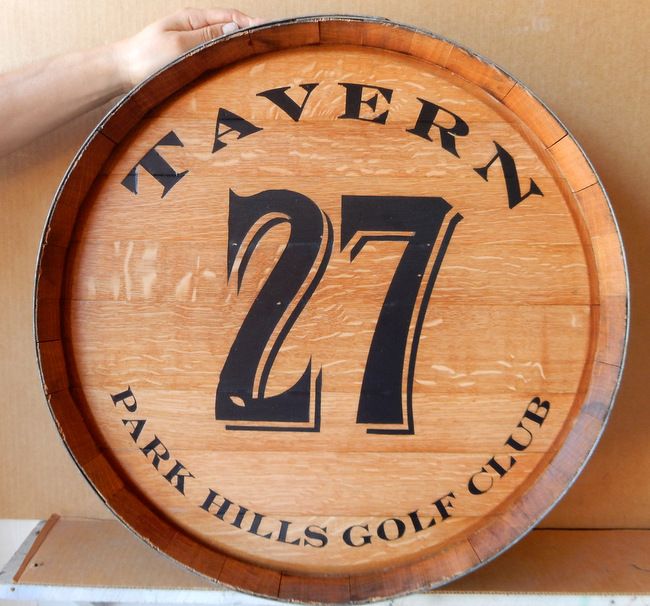 RB27561 - Engraved Oak Wine Barrel Head Sign for the " Tavern at Park Hills Country Club"