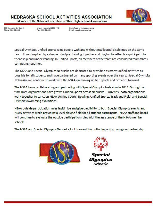 Nebraska School Activities Association & Special Olympics Nebraska Joint Statement