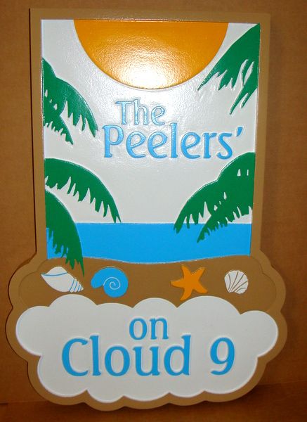 L21113 - Carved Sign for Seaside Residence, "Cloud Nine", with Palms, Ocean and Sun