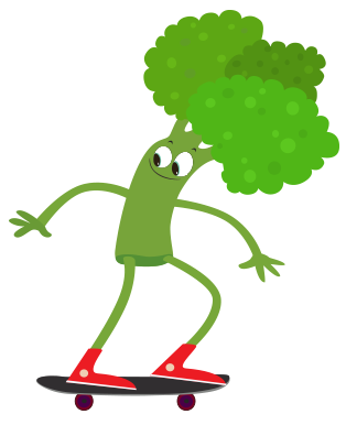Broccoli character on skateboard, part of Eat Your Colors nutrition education