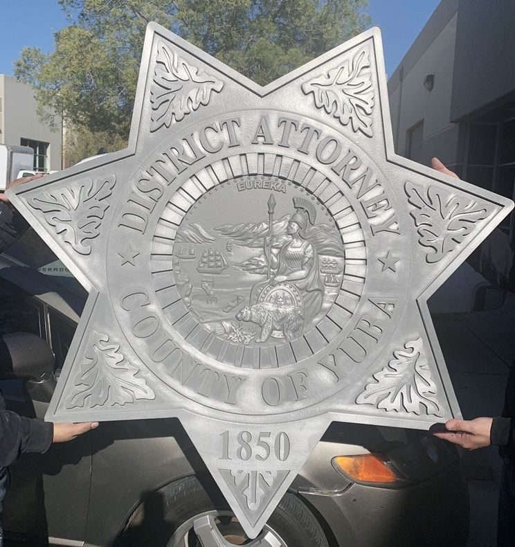 PP-1676 - Carved 3-D HDU Plaque of the Star Badge of the District Attorney of the County of Yuba, California