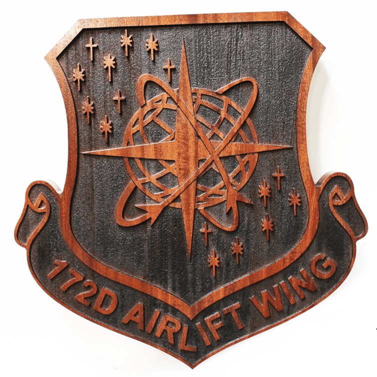 LP-5632 - Carved 2.5-D Mahogany Plaque of the Shield Crest of the 172nd Airlift Wing