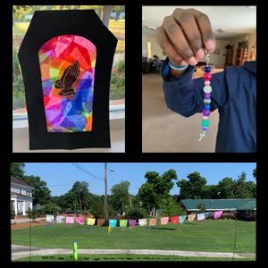 Three prayer crafts including a paper stained glass window with praying hands, prayer beads, and prayer flags.