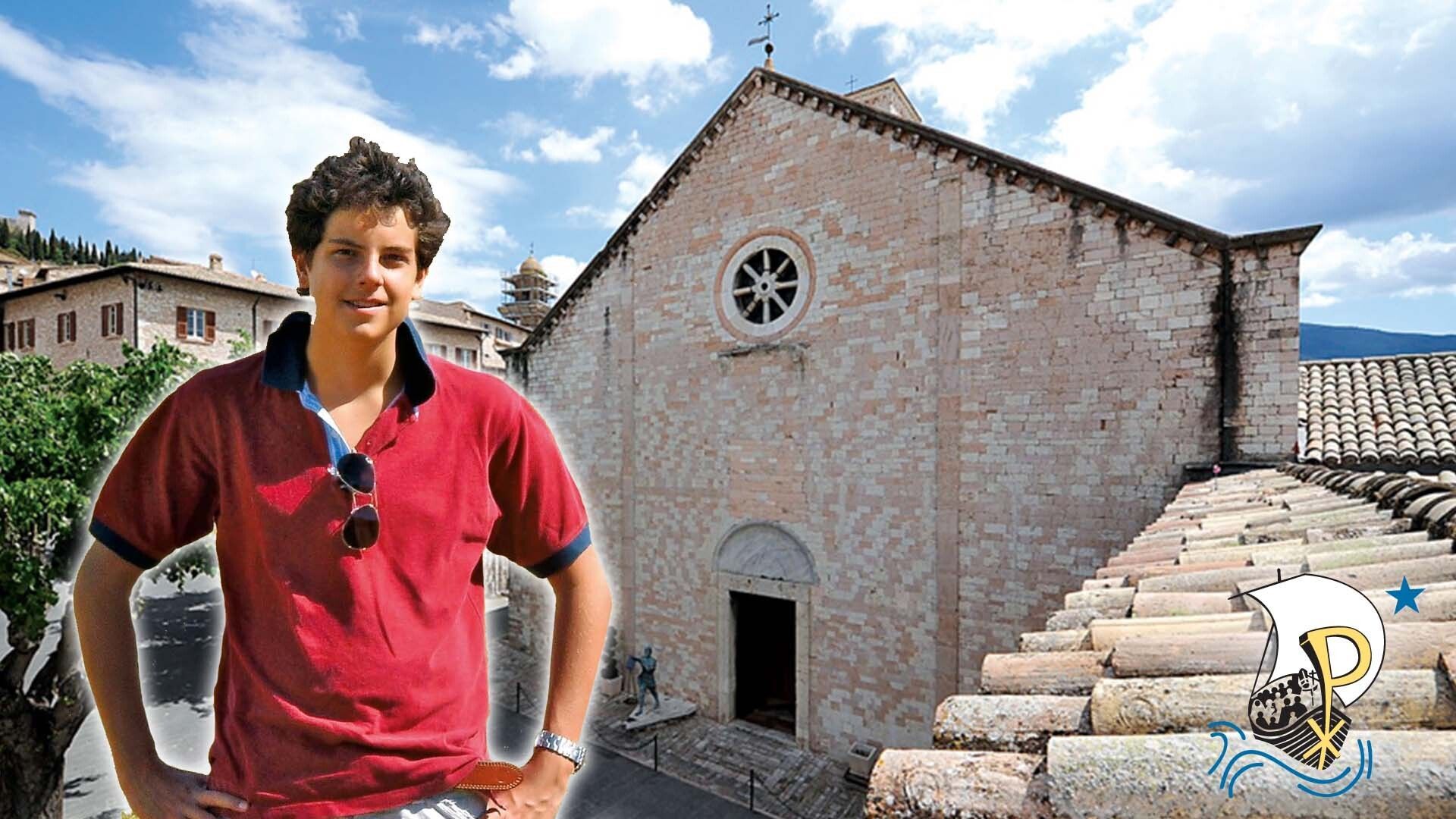 Exterior of Saint Mary Major Church in Assisi with a cutout photograph of Carlo Assisi during his lifetime