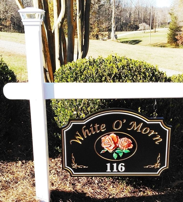 I18211 - Carved  3-D HDU Residence Name and Address  Sign  "White O'Morn" with Engraved 24K Gilded Text and Trim, and Carved Roses, Hung from a Wood Beam