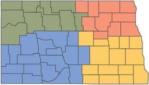 A map that shows locations of Child Care Aware offices in North Dakota