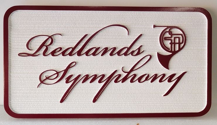 SA28810 - Carved High-Density-Urethane (HDU)  Sign for the "Redlands Symphony", with a French Horn as Artwork 