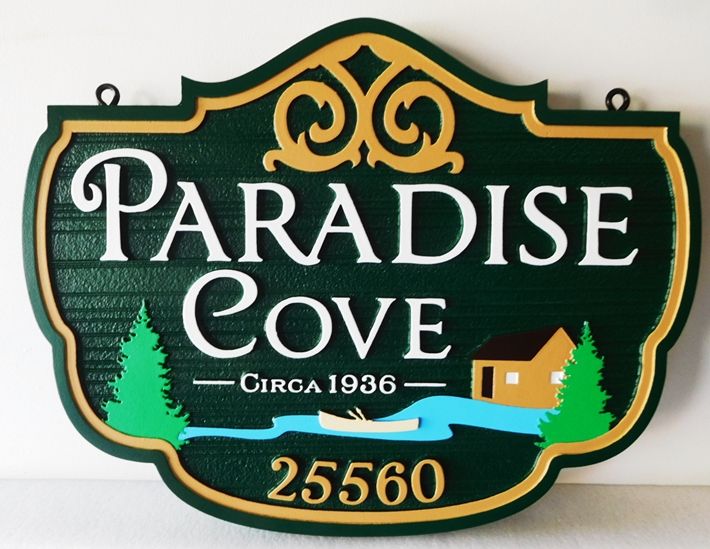M22423 - Carved Address and Name Sign for "Paradise Cove", with Boat, Trees, Water and Cabin as Artwork 