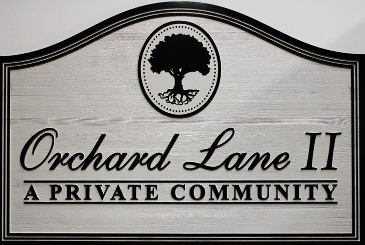 K20382  - Carved Cedar Wood  Entrance Sign for  a Residential Community, "Orchard Lane II", 2.5-D, with Tree as Artwork