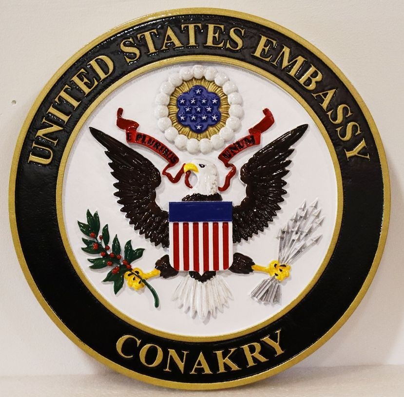 AP-3781 - Carved 3-D Artist-Painted Plaque of the Seal of the US Embassy in Conakry, Guinea,  Department of State