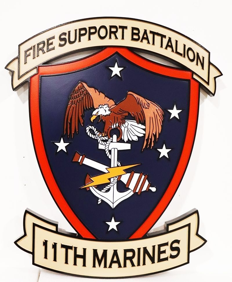 KP-2366 - Carved 2.5-D multi-level and Engraved Plaque of the Crest of the Fire Support Battalion, Eleventh Marines 