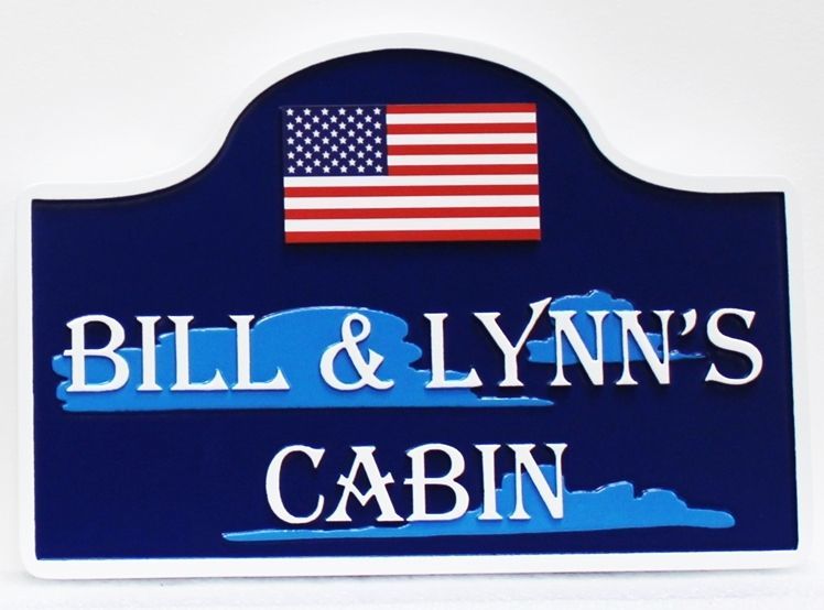 M22041 - Carved 2.5-D  Relief HDU Residence Name  Sign "Bill and Lynn's Cabin", with Clouds and US Flag as Artwork