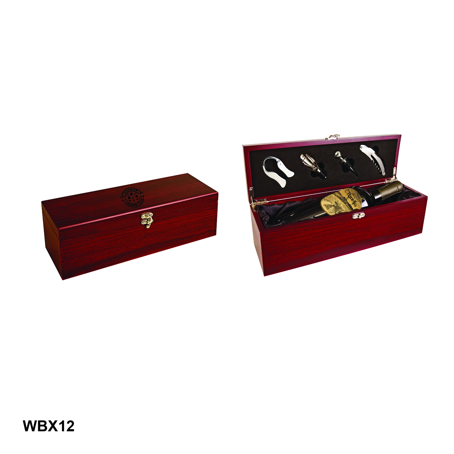 Rosewood Finish Single Wine Box with Tools & Black Lining