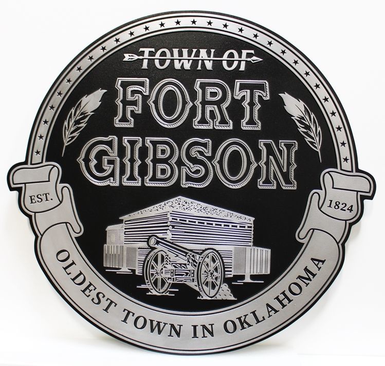 DP-1502 - Carved 2.5-D Raised and Engraved  Aluminum-Plated HDU Plaque of the Seal of the Town of Fort Gibson, Oklahoma