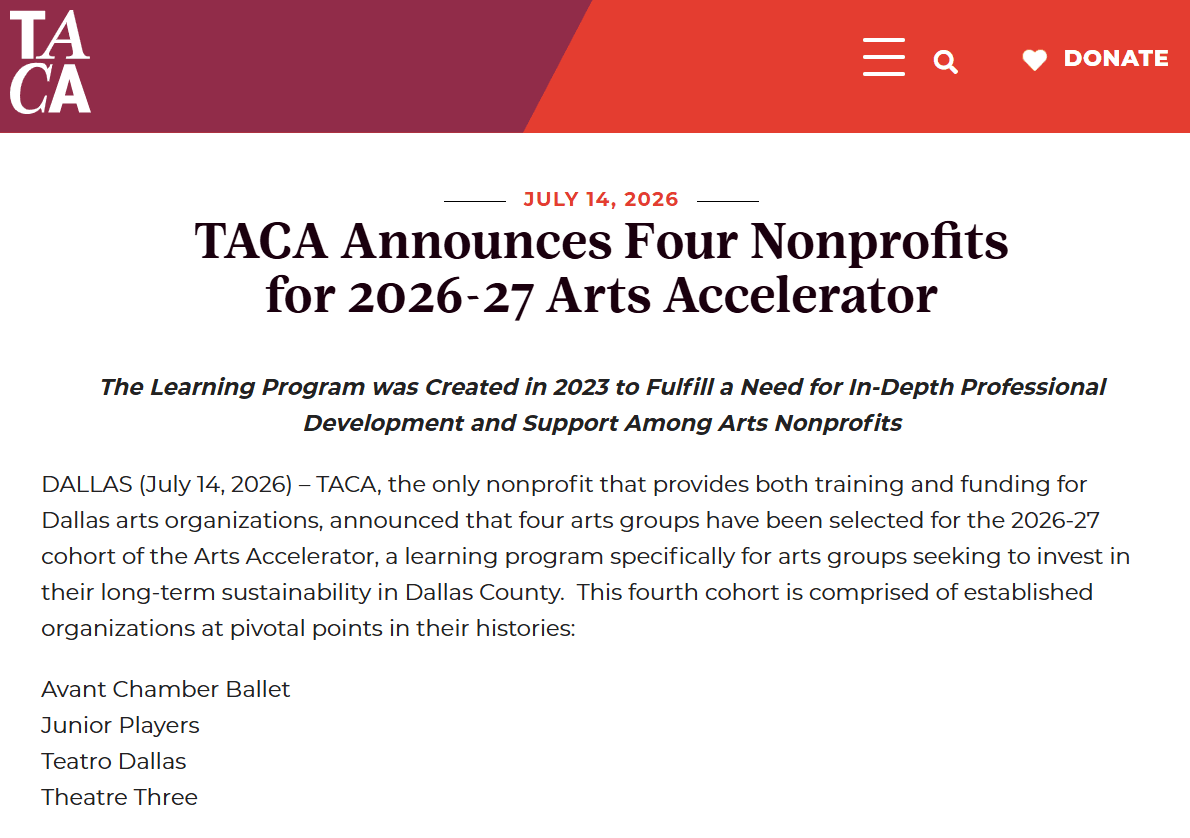 TACA Announces Four Nonprofits for 2026-27 Arts Accelerator
