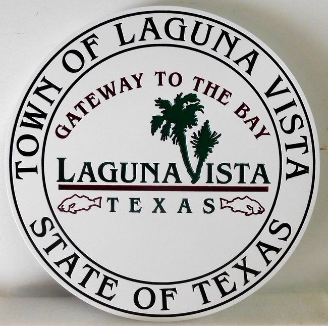 X33088 - Carved  HDU   Entrance Plaque with the Seal  of the Town of Laguna Vista, Texas 