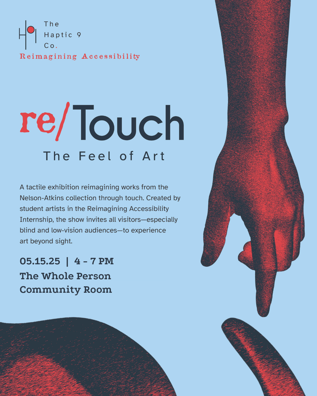 image with a light blue background and two hands almost touching each others finger tips. there is text on the graphic which is also listed on the event description on this page.
