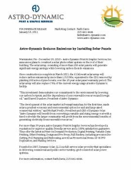 Astro-Dynamic Solar Panel Installation Press Release