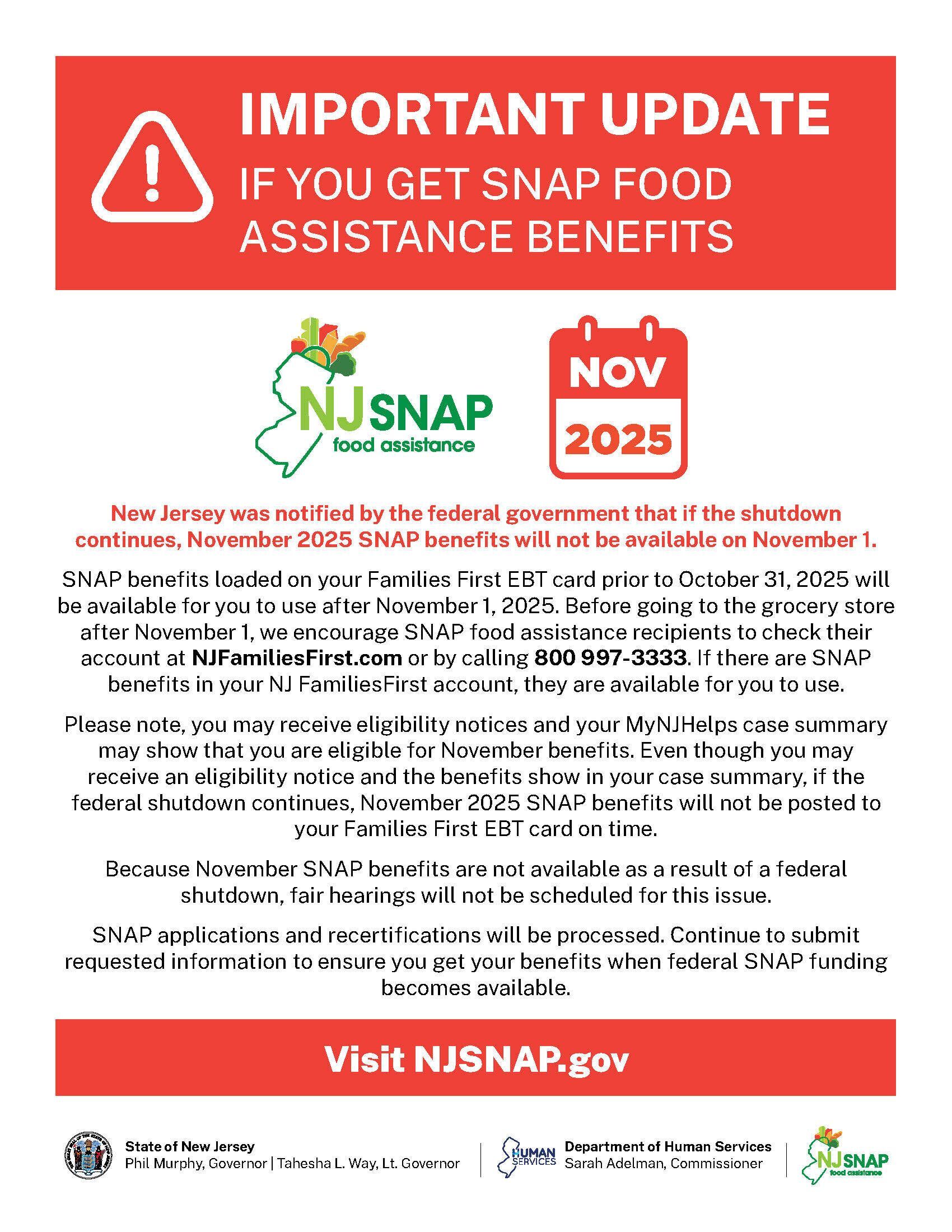 SNAP Update from NJ Department of Human Services