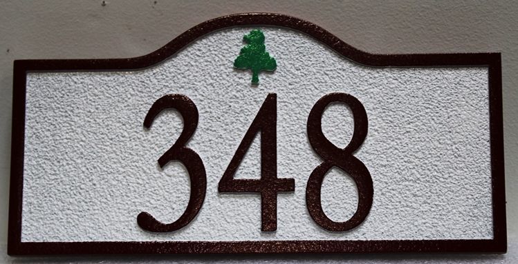 I18921 - Carved and Sandblasted  HDU Address Number Sign "348" with a Small Tree as Artwork