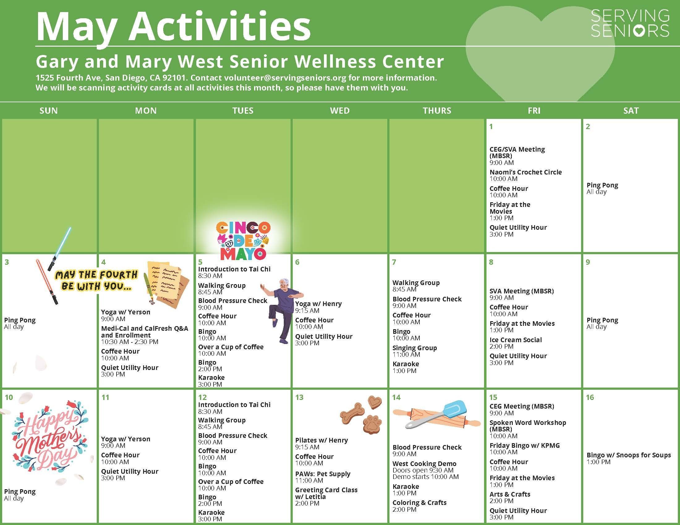 Click to download the Gary and Mary West Senior Wellness Center May 2026 Activities Calendar