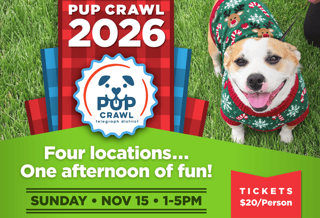 It’s the 2026 Pup Crawl in the Telegraph District in Lincoln, NE, Nov. 15 from 1-5 p.m. The graphic shows a cute dog in a holiday sweater along with event info.