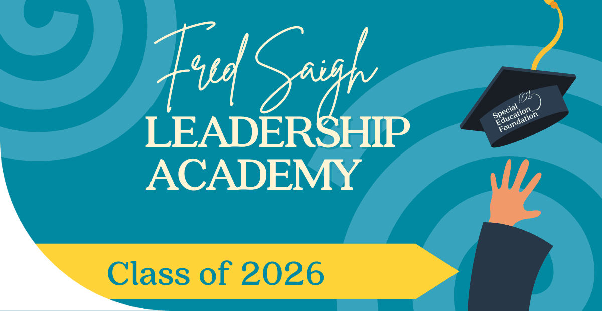 Fred Saigh Leadership Academy on blue background with graduation hat