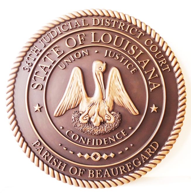 BP-1245- Carved Plaque of the 36th Judicial Court, featuriing the Artwork of the Great Seal of the State of Louisiana, Bronze Plated