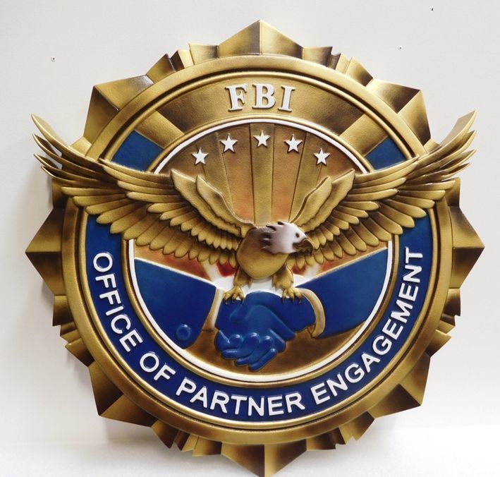 U30366 - Carved 3-D HDU Plaque of the Seal of the FBI's Office of Partner Engagement 
