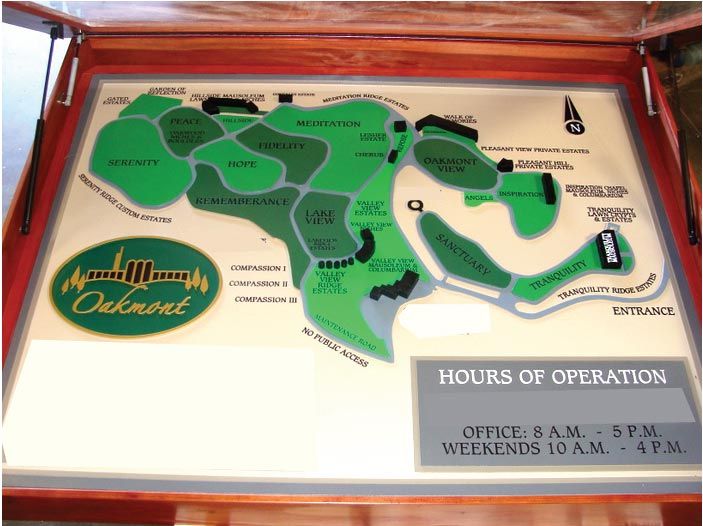 GA16574 - Carved HDU Map and Directional Sign for Oakmont Cemetery with Hours of Operation, Cedar Wood Map Case 