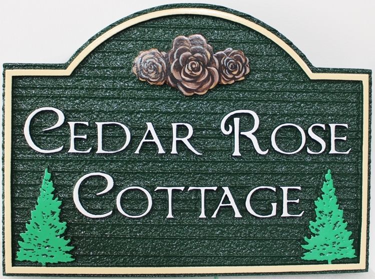 M22105 - Carved and Sandblastred Wood Grain HDU Sign for "Cedar Rose Cottage" 