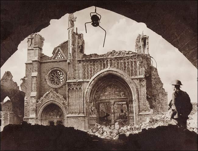 The Ruined Cathedral in Ypres, seen from the Cloth Hall